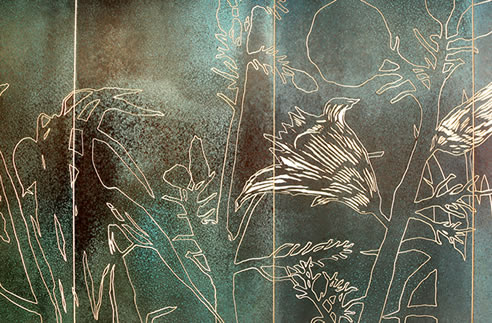 copper coating bonded to frosted laminated glass aged with verdigris patina