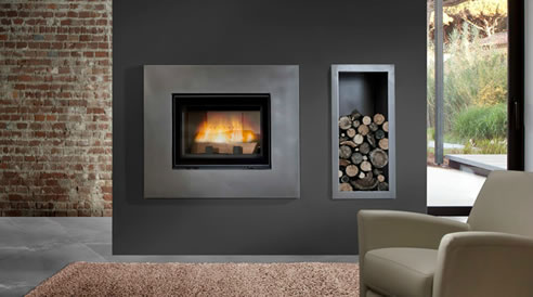 modern fireplace with inset wood box