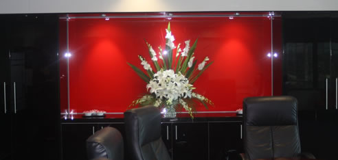 red splashback boardroom feature wall