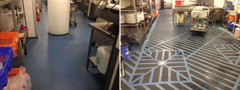 before and after anti-slip strip flooring in kitchen