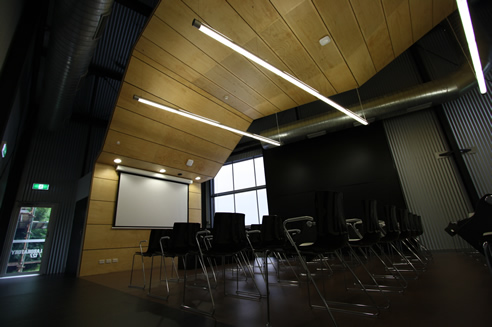 perforated timber panel feature ceiling