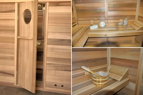 ukko cedar log sauna door and interior