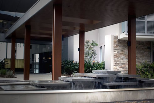 water feature at entry to crows nest retirement village