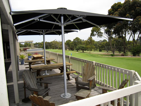 wind rated umbrellas at golf course