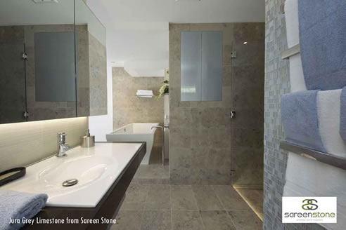 jura grey limestone tiles in bathroom