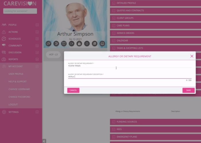 Managing Patient Allergies and Dietary Requirements on CareVision
