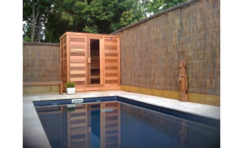log sauna by pool