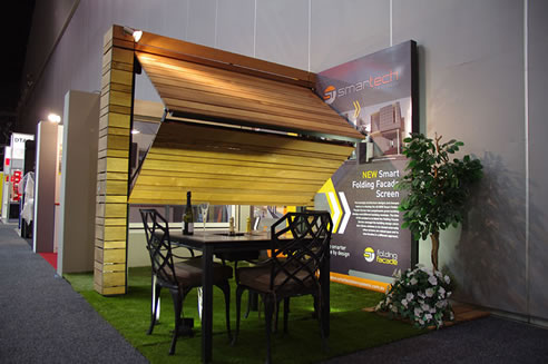 timber folding facade screen on display at design expo