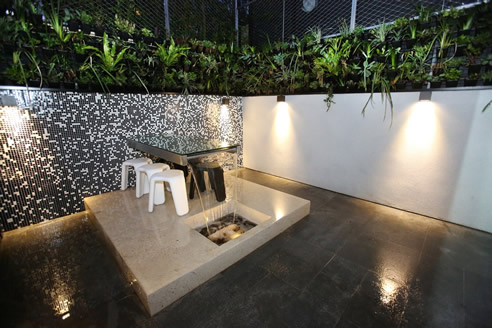 suspended glass waterfall feature