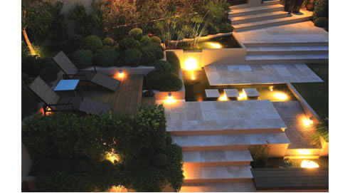 multi-lever landscaping with travertine pavers