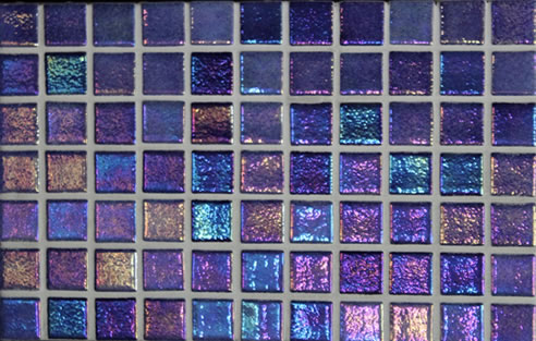Dark blue glass mosaic tile with a rainbow reflective finish