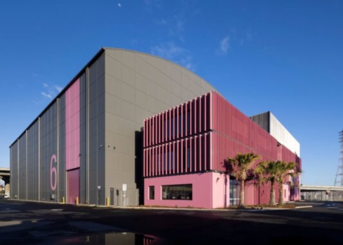 Dulux Pink Vertical Sun Blades at Docklands Studios in Melbourne by Louvreclad