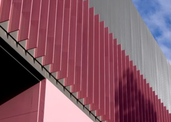 Dulux Pink Vertical Sun Blades at Docklands Studios in Melbourne by Louvreclad