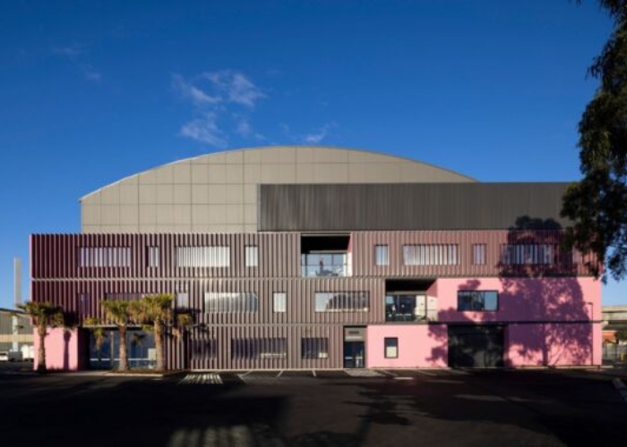 Dulux Pink Vertical Sun Blades at Docklands Studios in Melbourne by Louvreclad