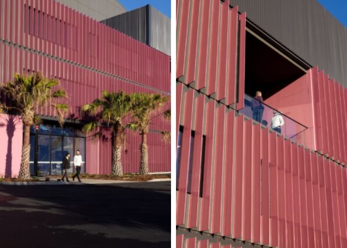 Dulux Pink Vertical Sun Blades at Docklands Studios in Melbourne by Louvreclad