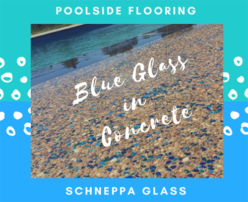 Blue coloured glass in the concrete area around the pool from Schneppa Glass