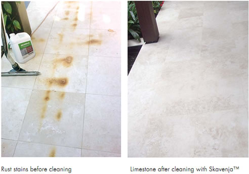 before and after rust removal from limestone tiles