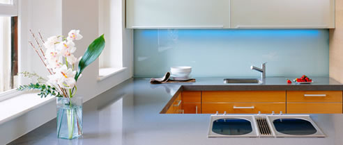 kitchen with coated glass splashback