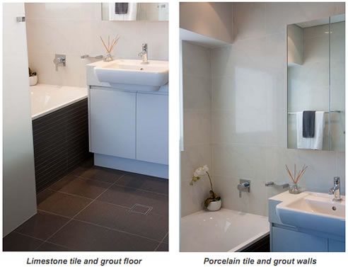 limestone and porcelain tiled sealed bathroom
