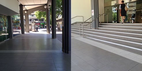 Newly anti slip coated surface on alinga street and mort street entrance with stair nosing