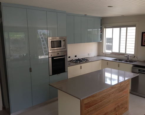 blue and beige kitchen