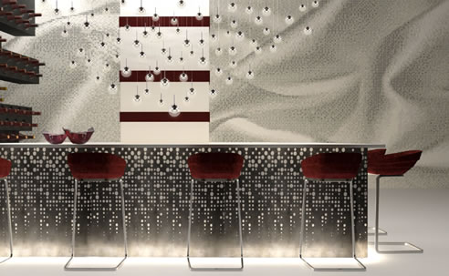 mosaic tiled wall behind bar