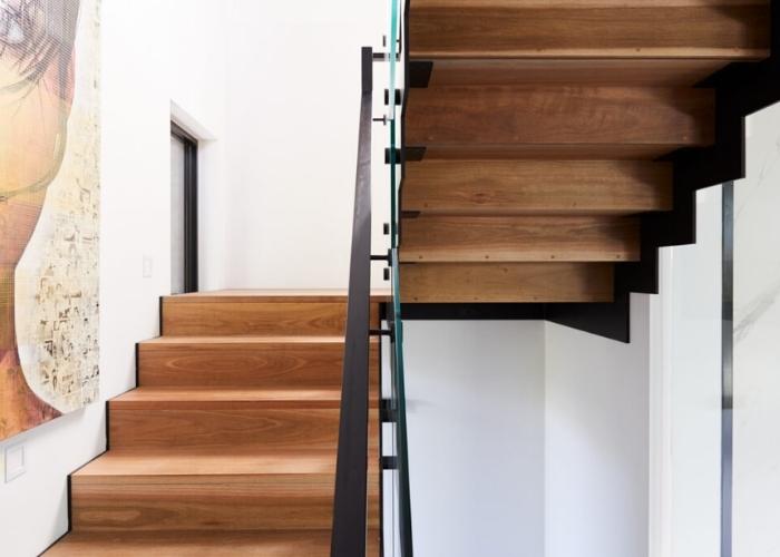 Spotted Gum Timber Stairs with Black Steel Handrails by S&A Stairs
