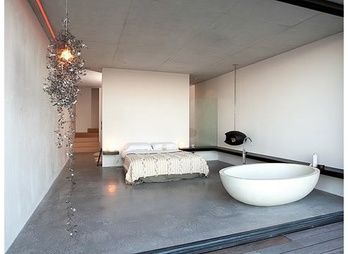 polished concrete floor in bedroom