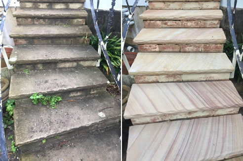 sandstone stairs before and after cleaning