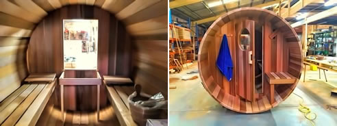 inside and outside cedar barrel sauna