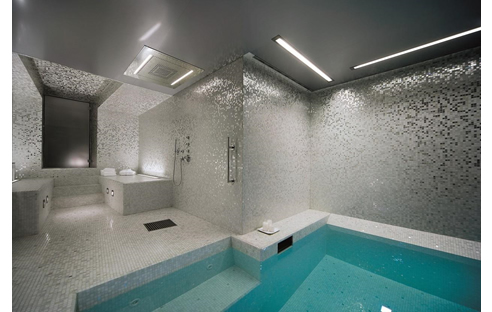 metallic mosaic tiled walls