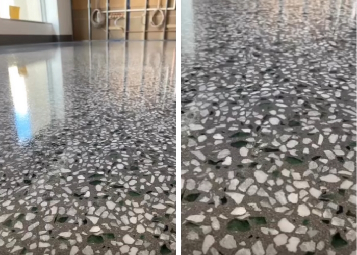 Polished Concrete Floor with Green Recycled Glass by Schneppa Glass