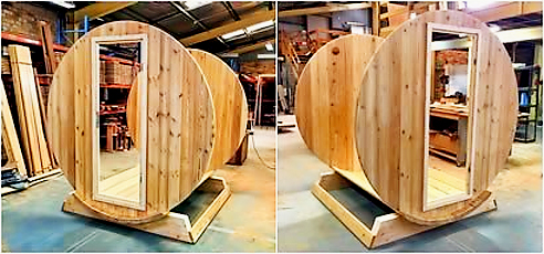 European Larch Barrel Sauna front wall and back wall from Ukko Saunas