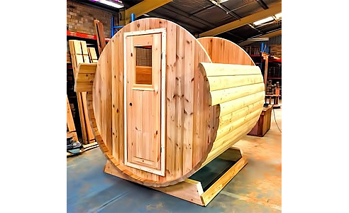 European Larch Barrel Sauna door from Ukko Saunas