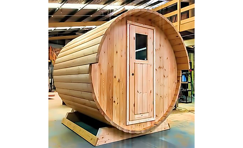 European Larch Barrel Sauna test fit from Ukko Saunas