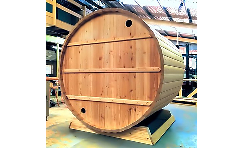 European Larch Barrel Sauna back wall from Ukko Saunas