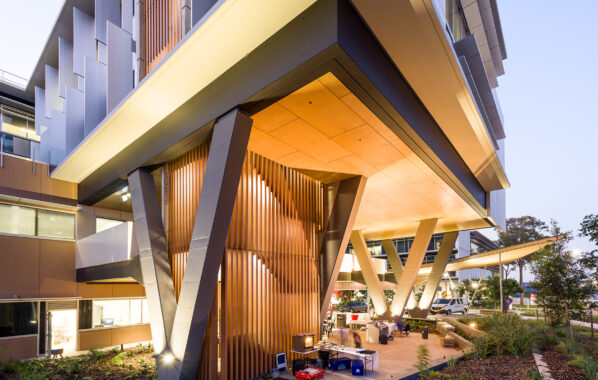 Vertical Battens with Timber Grain Finish for Gold Coast Hospital by Louvreclad