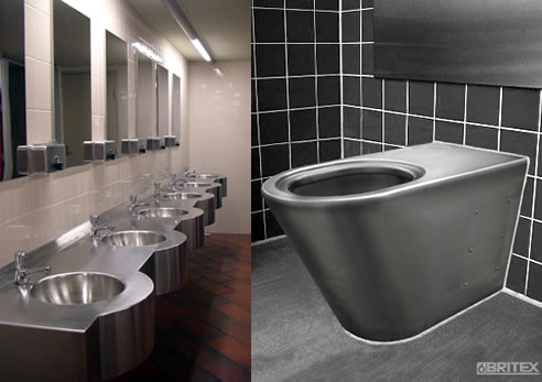 stainless steel public bathroom sinks and toilet