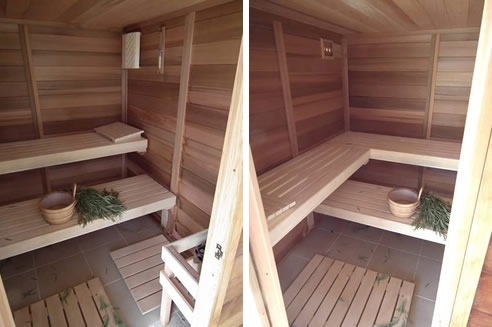 inside cedar log sauna