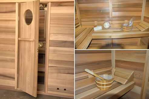 ukko cedar log sauna door and interior