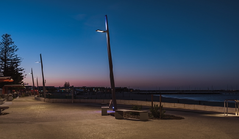The lighting features a customised illumination system for the new footbridge and lighting poles on the bespoke boardwalk to the promenade.