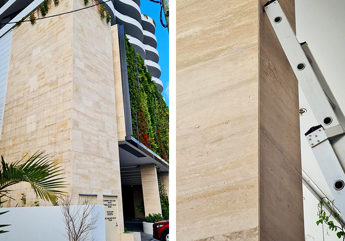 Travertine Stone Facade Installation Using LATICRETE