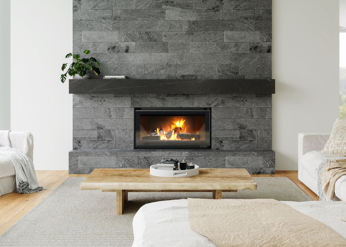 Minimalist Inbuilt Wood Fireplace by Cheminees Chazelles