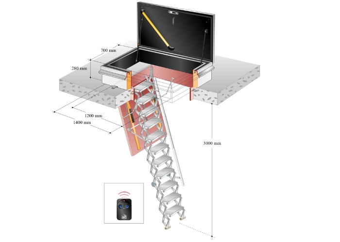 Roof Hatch with Electric Scissor Stairs by Gorter Hatches