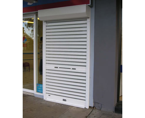security shutter with visibility mesh